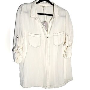 Umgee Button Up Tunic Boho Long Sleeve Cream Button Down Size XL